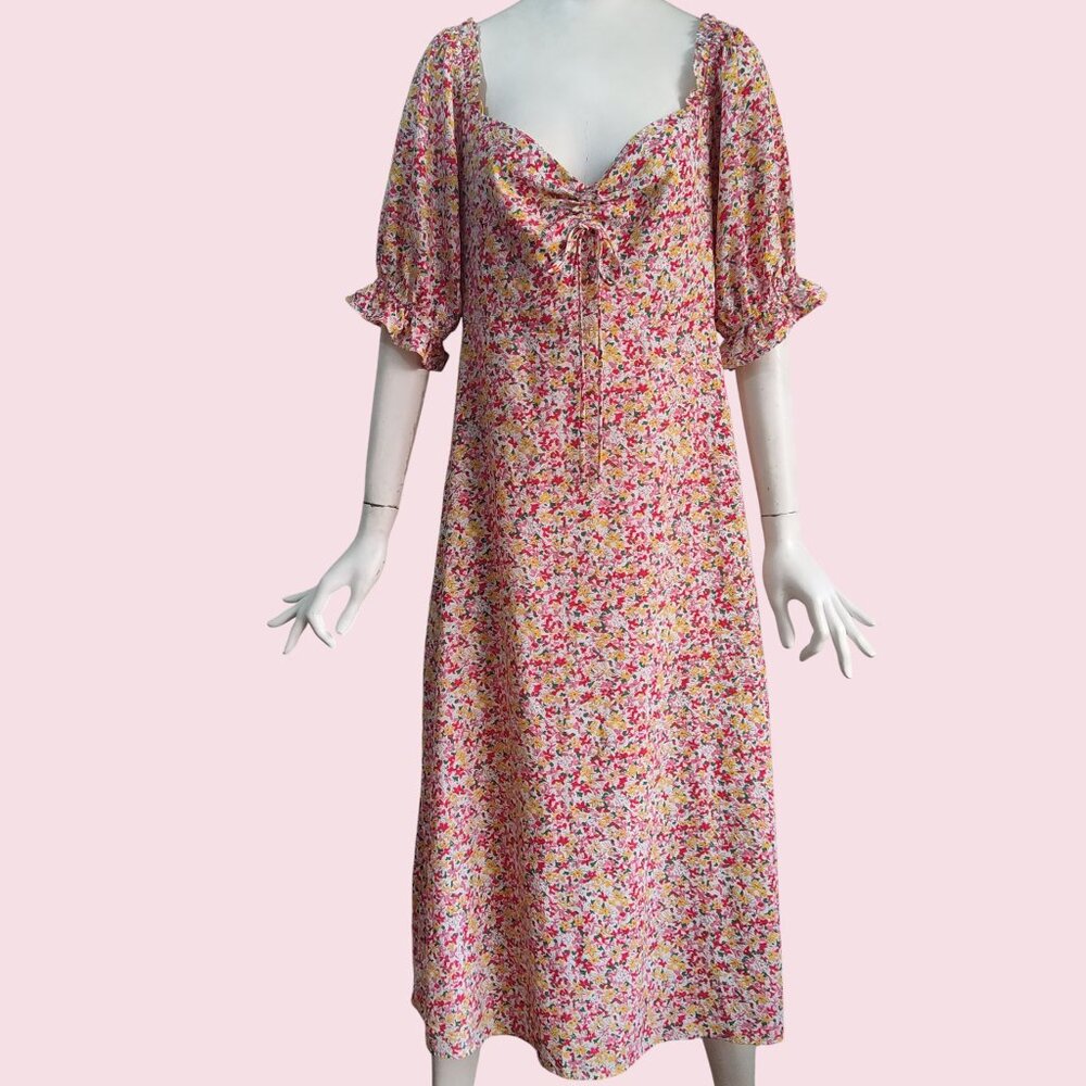 Lush Boho Ditsy Floral Smocked Back Sweetheart Neck Puff Sleeve Midi Dress Sz XL